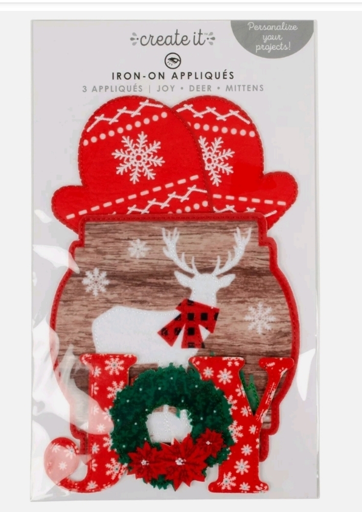 create it iron on appliques Xmas Joy Deer Mittens